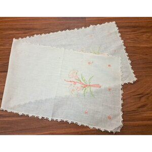 Vintage Embroidered Table Runner Pink Iris Bouquet Cottage Country 35x11